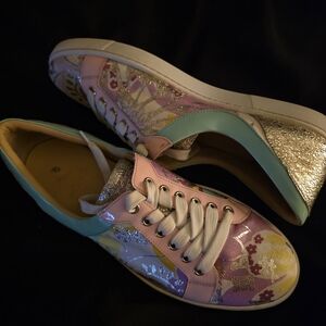 Christian Louboutin Pastel Floral Lace-Up Sneakers - Pink, Mint & Gold